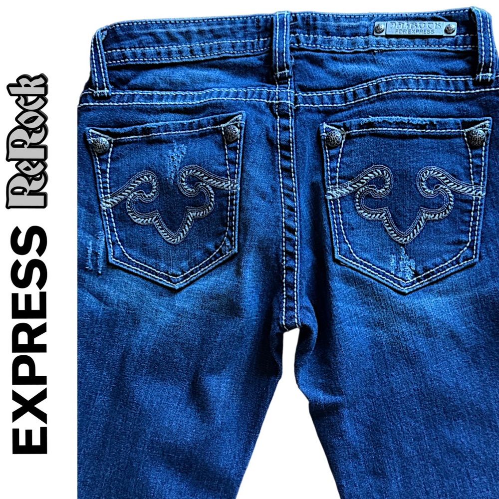 NEW Express ReRock Women’s Jeans, Retro Slim Bootcut, Distressed, Sanded Size 0R - Picture 8 of 12